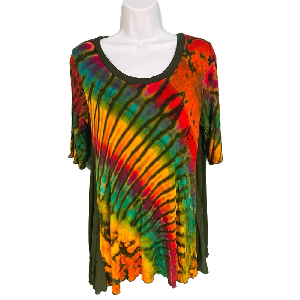 Mexicali Blues Olive Green & Rainbow Tie Dye Short Sleeve Lettuce Hem Top S